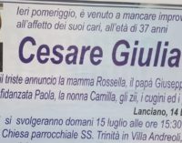 Lanciano: domenica pomeriggio i funerali di Cesare Giuliante a Villa Andreoli
