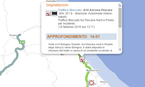 A14: incidente tra Pescara nord e Roseto, traffico bloccato