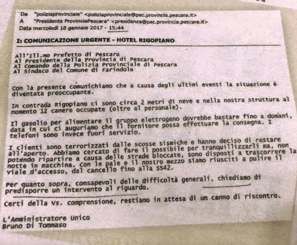 Rigopiano: ecco l’email dell’hotel alle autorità, “Clienti terrorizzati, intervenite”