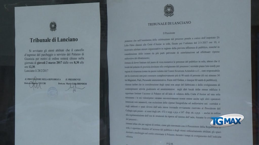 A Lanciano tribunale blindato per il processo a Fabio Di Lello in Corte d’Assise, ammessa una sola telecamera: sarà il caos